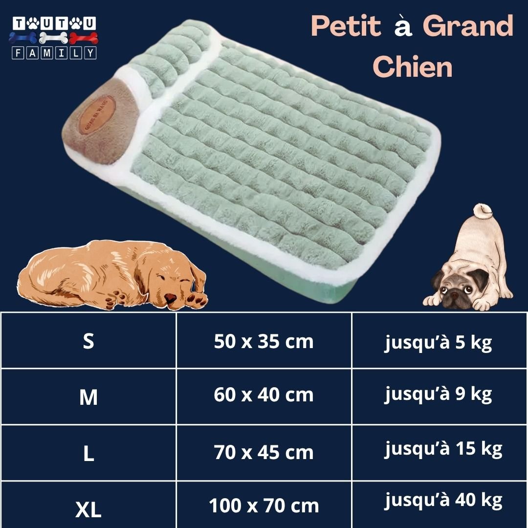 Lit-pour-chien-orthopédique-déhoussable-guide-des-tailles-pour-petit-moyen-grand-chien dimensions poids du chiot ou chien