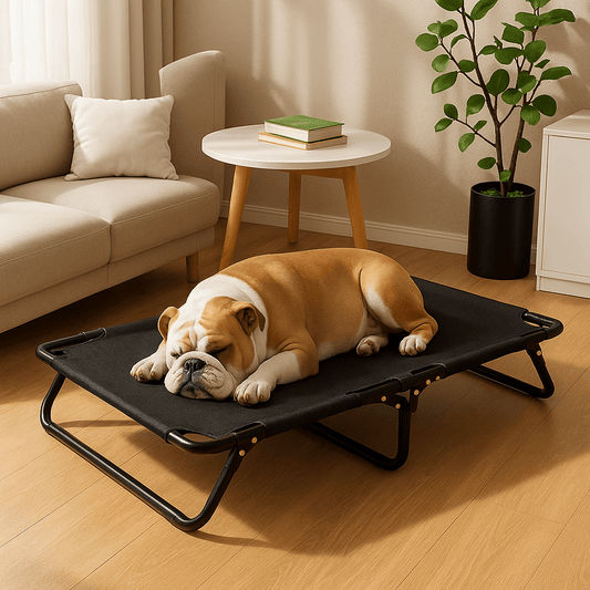 Lit-pour-chien-surélevé-pliable-antidérapant-structure et pied acier inoxydable anti-rayure-avec poignée de transport-maille respirante-ultra-résistante-ergonomique pour un soutien optimal qui protège sa colonne vertébrale et ses articulations-polyvalent-intérieur et extérieur-100% imperméable-un chien moyen qui dort paisiblement sur son lit de camp noir aéré et hygiénique lavable dans le salon de l'appartement