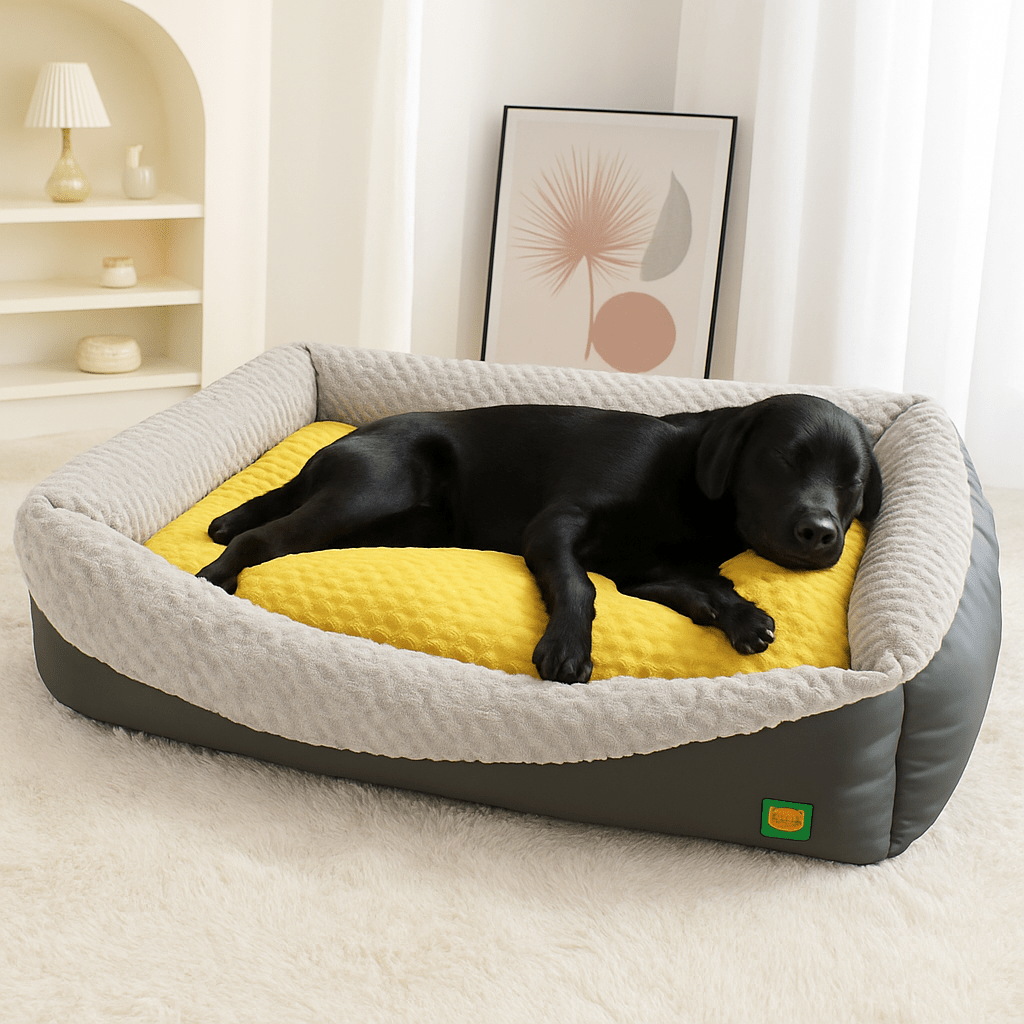 lit-pour-chien-xxl-panier-anti-anxiété-déhoussable lavable en machine 100% coton haute densité résistant aux griffes-un labrador noir qui dort sur son matelas rectangulaire avec rebord au rembourrage coton haut densité pour un coussin ergonomique au milieu du lit et un soutient pour la colonne vertébrale et qui soulage les articulations fragiles des grands chiens