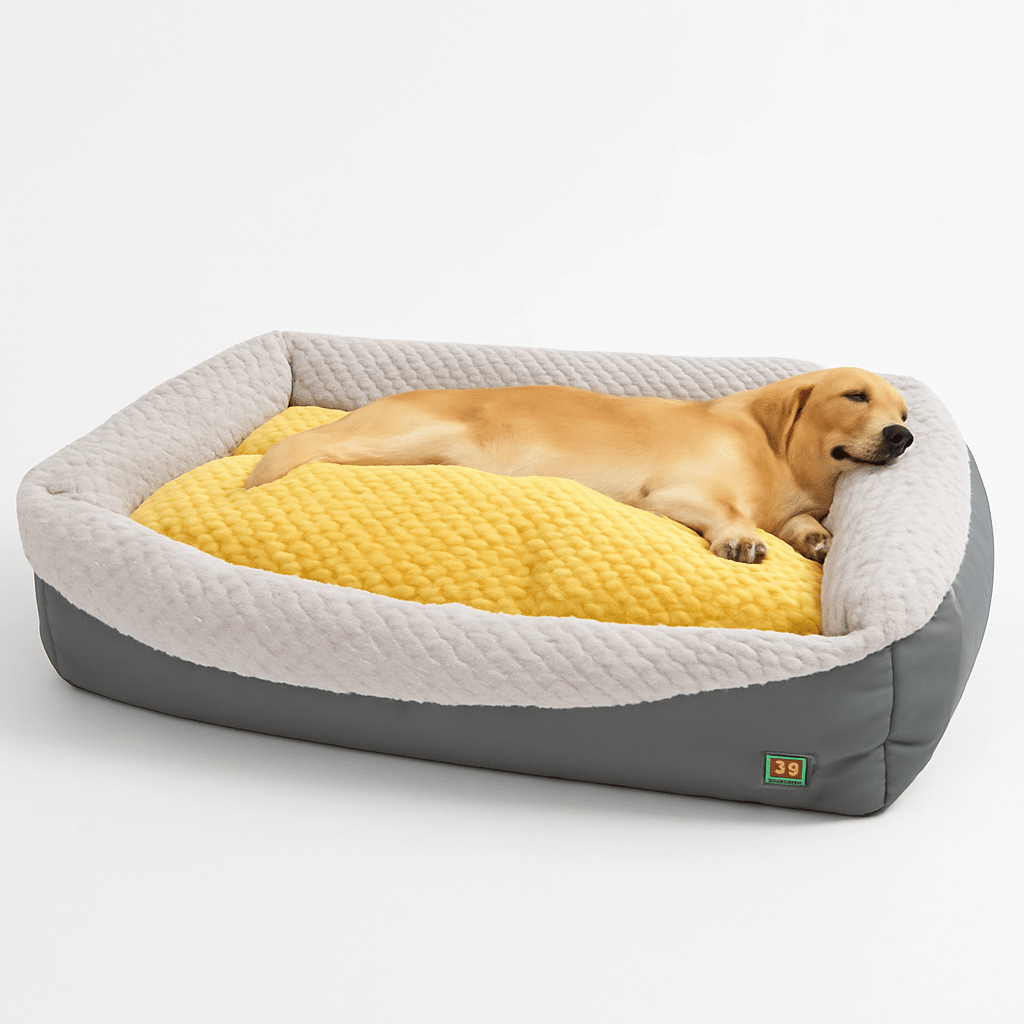 lit-pour-chien-xxl-panier-bleu-un golden retriever qui dort paisiblement et confortablement allongé sur le flanc dans son lit rectangulaire avec rebord en coton haute densité pour un panier solide et résistant, déhoussable et lavable en machine de couleur jaune et bleu