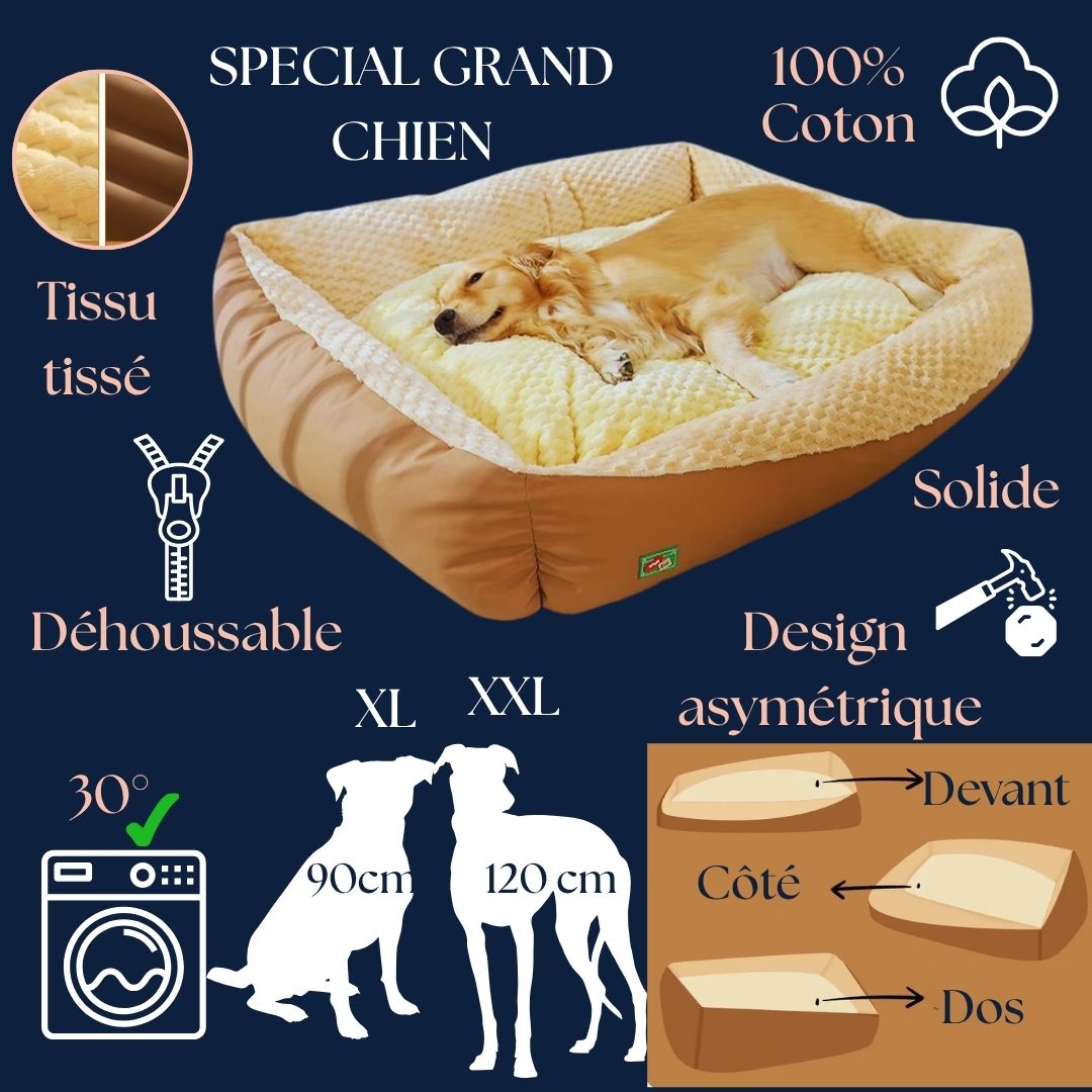 lit-pour-chien-xxl-panier-caracteristiques-2tailles disponible XL et XXL-dimensions détaillées jusqu'à 120 cm pour grand et trÚs grand chien avec poids de chien-déhoussable-tissu 100% coton tissé solide et résistant-lavable en machine rembourrage 100% coton-design asymétrique avec rebord devant rebord sur le cÎté et grand rebord dans le dos