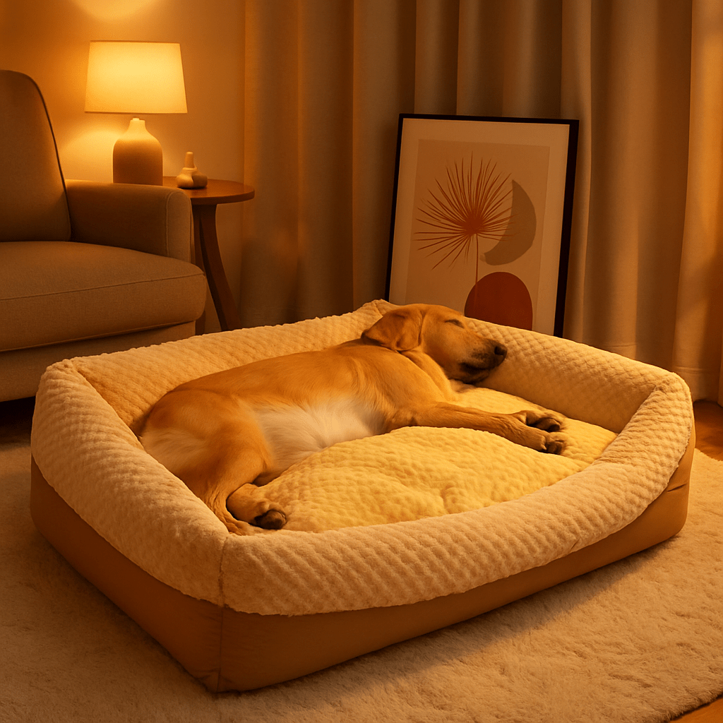 lit-pour-chien-xxl-panier-marron-déhoussable et lavable en machine-un grand chien qui dort allongé de tout son long dans son grand lit moelleux 100% coton haute densité dans le salon de l'appartement