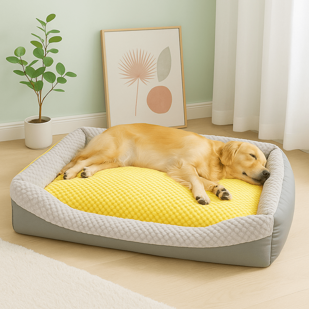 lit-pour-chien-xxl-panier-déhoussable lavable en machine 100% coton haute densité résistant aux griffes-un grand chien couché de tout son long dans son grand lit bleu et jaune qui dort paisiblement dans le salon douillet de la maison