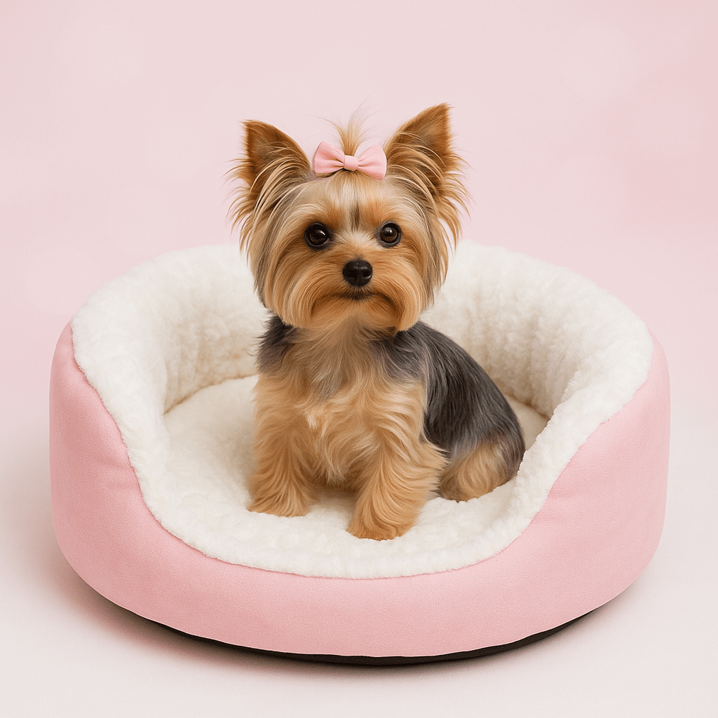 lit-pour-petit-chien-rose-lavable-antidérapant-100% coton-un yorkshire assis dans son lit rond avec rebord comme un panier en peluche chaud et douillet épais et rembourré