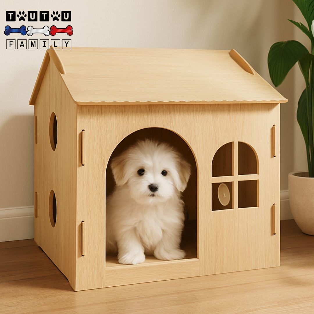 Maison-intĂ©rieure-pour-chien-bois-naturel-un chiot coton de tulĂ©ar assis confortablement dans sa niche en bois de chĂȘne naturel, sans toxicitĂ©, eco-friendly, lavable, hygiĂ©nique et personnalisable pour chien de race naine et petit chien jusqu'Ă 4 kg