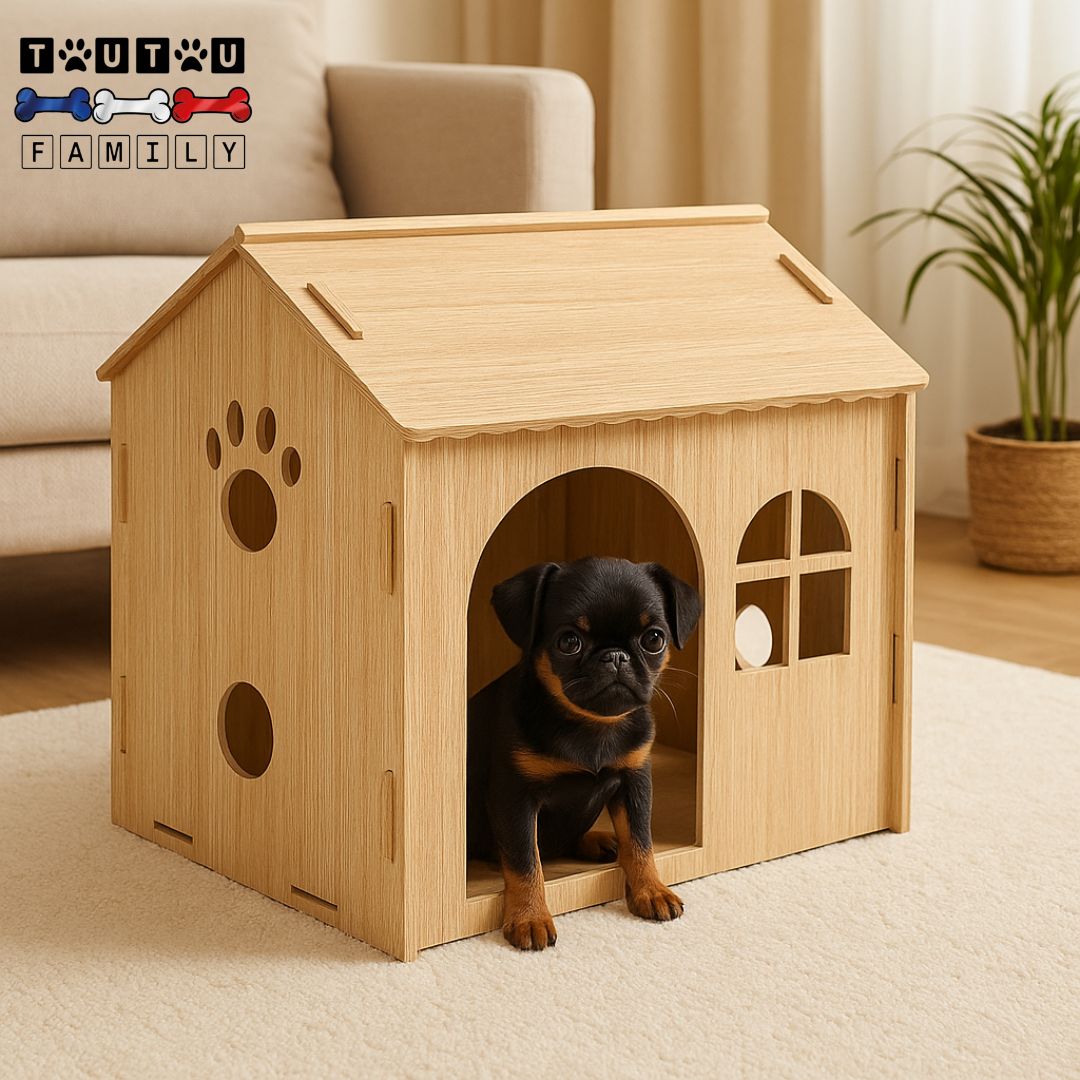 maison-interieure-pour-chien-bois de chĂȘne naturel et Ă©cologique-un chiot de race Petit brabançon nichĂ© dans sa maison en bois naturel lavable et Ă©cologique avec fenĂȘtre, grande porte d'entrĂ©e et design d'aĂ©ration en forme de patte de chien dans le salon de sa maison