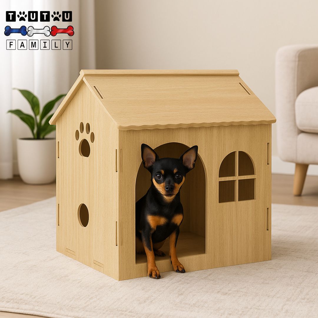 maison-interieure-pour-chien-chiot-un pinscher nain assis Ă la porte de la niche en bois de chĂȘne naturel recyclable et Ă©coresponsable, ventilation optimal grĂące aux multiples ouvertures pour une bonne aĂ©ration et hygiĂ©nique Ă©cologique dans son salon douillet -niche en bois pour petit chien