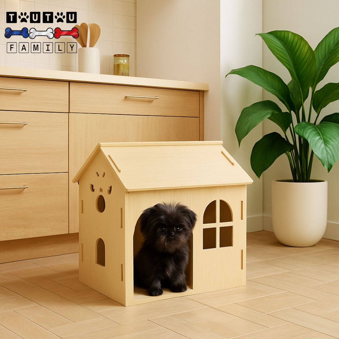 maison-intĂ©rieure-pour-chien-niche-un chiot confortablement installĂ© dans sa niche en bois de chĂȘne naturel avec toit-fenĂȘtre et aĂ©ration intĂ©grĂ© en panneau robuste MDF -lavable et Ă©coresponsable pour chiot et chien de petite taille