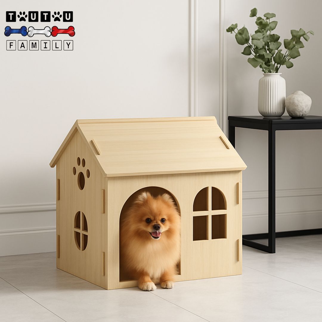 maison-intĂ©rieure-pour-chien-petite-taille-un pĂ©kinois couchĂ© dans sa niche en bois de chĂȘne naturel avec toit fenĂȘtre et ouverture arrondie et design de pattes de chien pour une ventilation optimal et hygiĂšne irrĂ©prochable dans la cuisine moderne de sa maison
