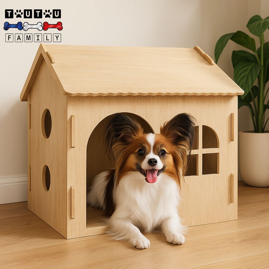 maison-intĂ©rieure-pour-chien-un Ă©pagneul-papillon-heureux et couchĂ© confortablement dans sa niche en bois de chĂȘne naturel avec grande entrĂ©e et aĂ©ration optimal par des ouvertures en design rond et patte de chien latĂ©ral et une fenĂȘtre devant