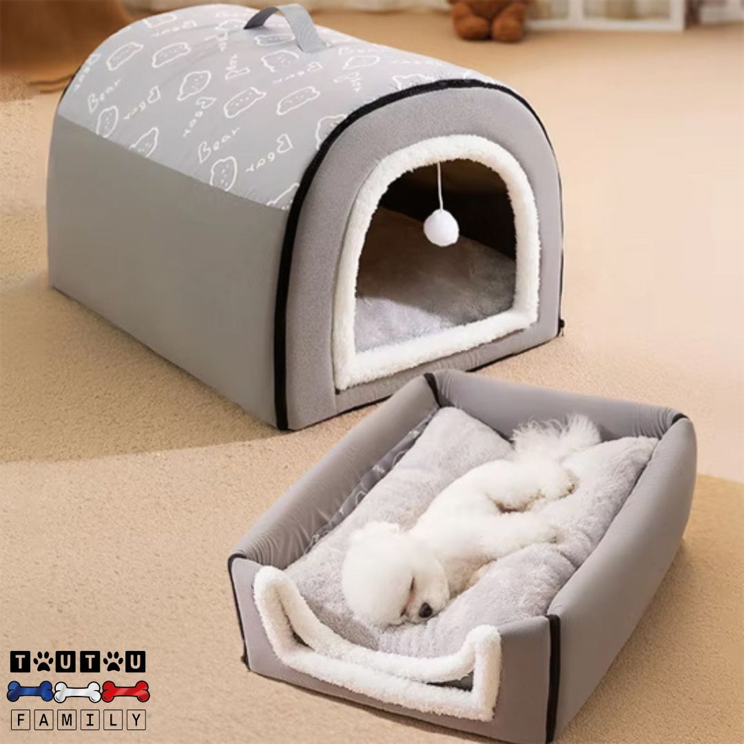 niche-chien-interieur-avec-balle-suspendu-un-caniche-toy-dort-dans-la-forme-panier-de-sa-niche-modulable