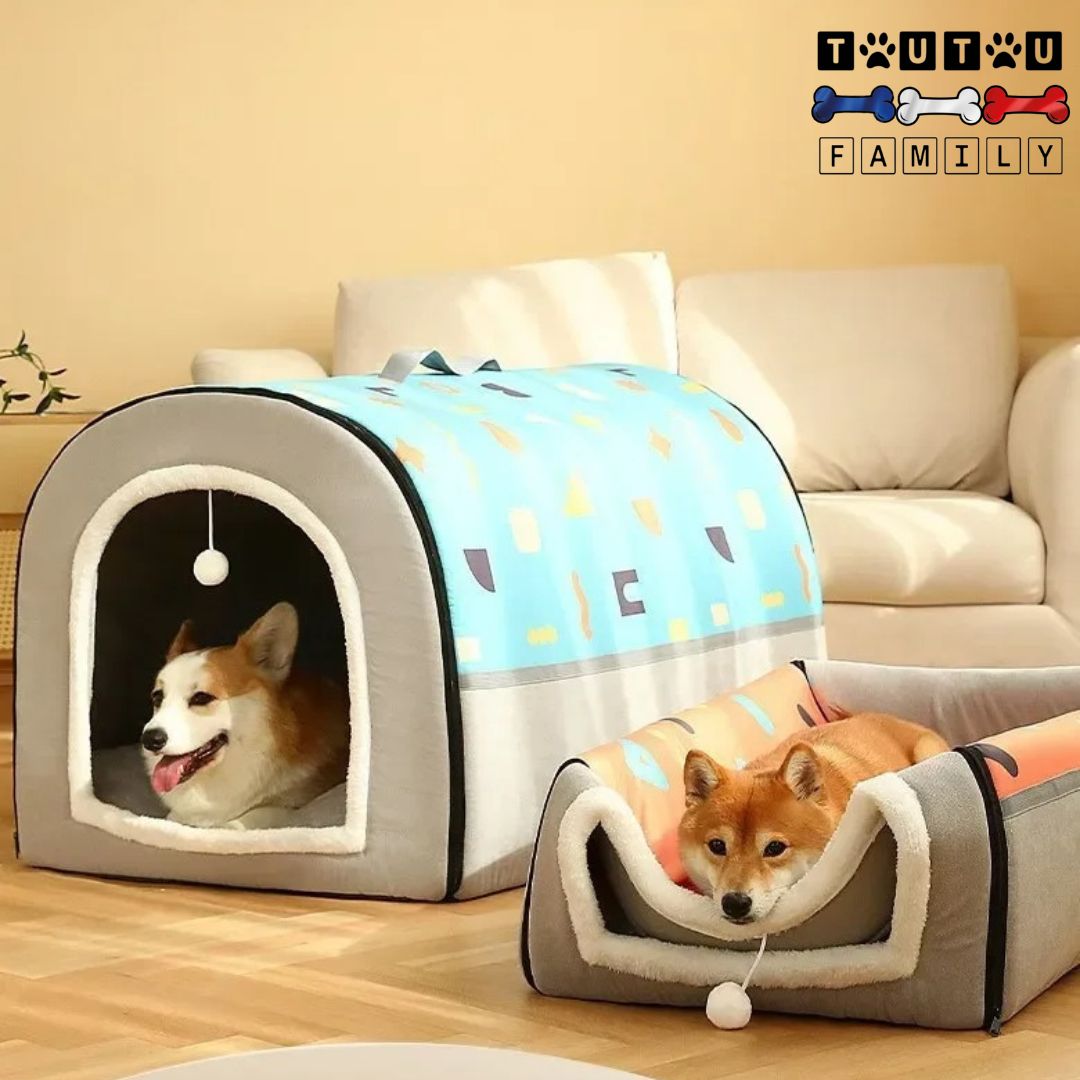 Niche-chien-interieur-Grotte-2-en-1-panier-transformable-modulabale-lavable-un-corgi-welsh-dans-sa-niche-et-un-shiba-inu-couché-dans-la-niche-transformé-en-panier-à-rebord-ouvert