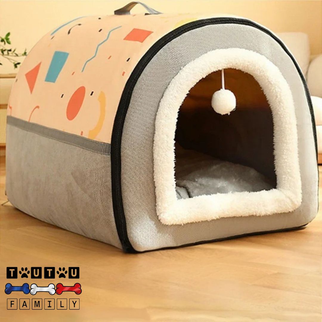 Niche-chien-interieur-Grotte-pliable-sécurisante-confortable-cocon-protecteur-transformable-en-panier-avec-rebords-pliable-avec-poignée-de-transport-100%-imperméable-avec-coussin-moelleux-100%-coton