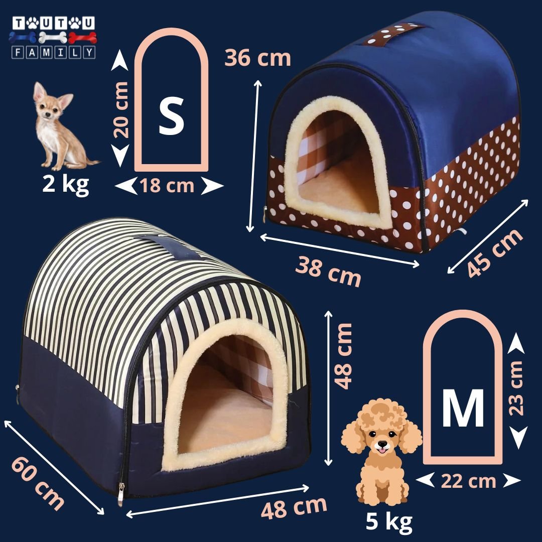 Niche-chien-interieur-avec-coussin-guide-des-tailles-2-tailles-S-pour-chien-jusqu'à -2kg-taille-M-pour-petits-chiens-jusqu-à -5kg-dimensions-détaillées