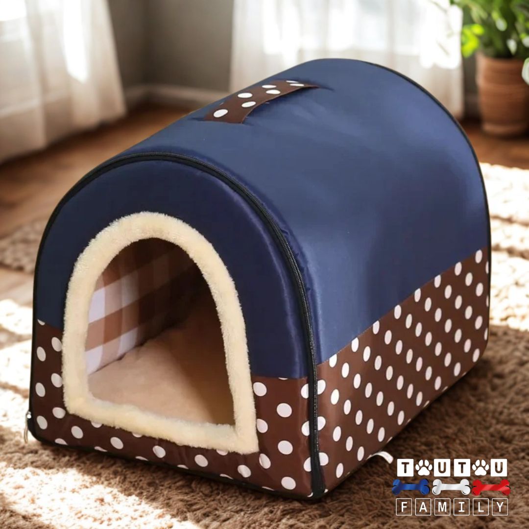 Niche-chien-interieur-avec-coussin-amovible-bleu-petit-pois-anti-anxiété-anti-stress-un-refuge-pour-petit-chien-idéal-en-voyage-avec-sa-poignée-de-transport-lit-4-saison-transformable-avec-ouvertures-des-2-coté-grotte-ou-panier-ouvert-pour-chien