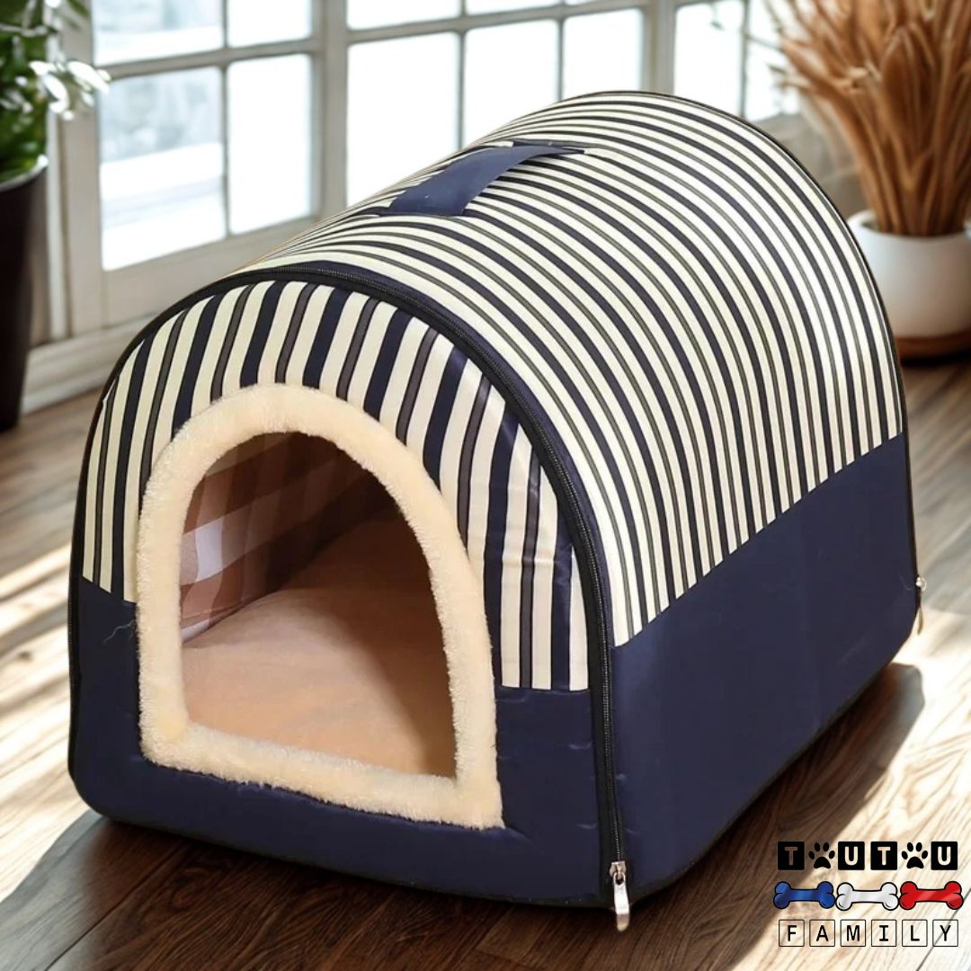 Niche-chien-interieur-avec-coussin-amovible-bleu-raye-design-marin-avec-son-coussin-100%-coton-lavable-structure-100%-imperméable-fond-antidérapant-pour-la-maison-en-transport-en-voyage-légÚre-et-pliable