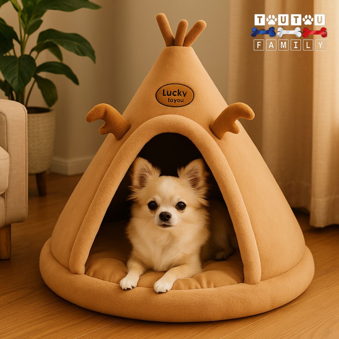 niche-d-intérieur-pour-chien-tipi-chaude-douillette-avec-coussin-100%-coton-épais-et-moelleux-antidérapant-un-chihuahua-couché-confortablement-sur-le-ventre-au-chaud-dans-sa-niche-marron