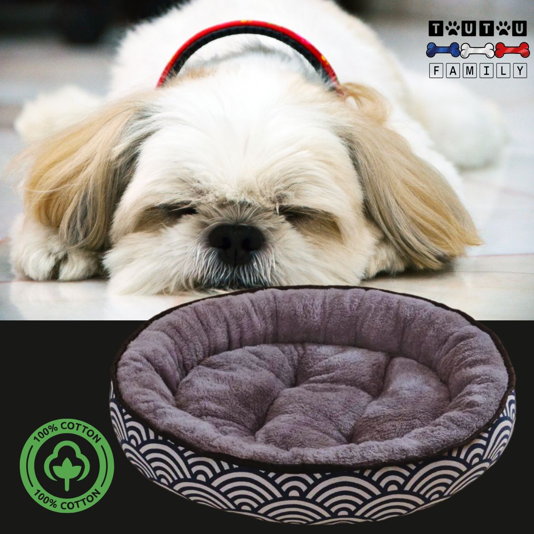 Panier-chien-graphique-réversible-face-été-et-face-hiver-avec-imprimé-et-tissu-peluche-100%-coton-pour-chiot-et-chien-de-petite-taille