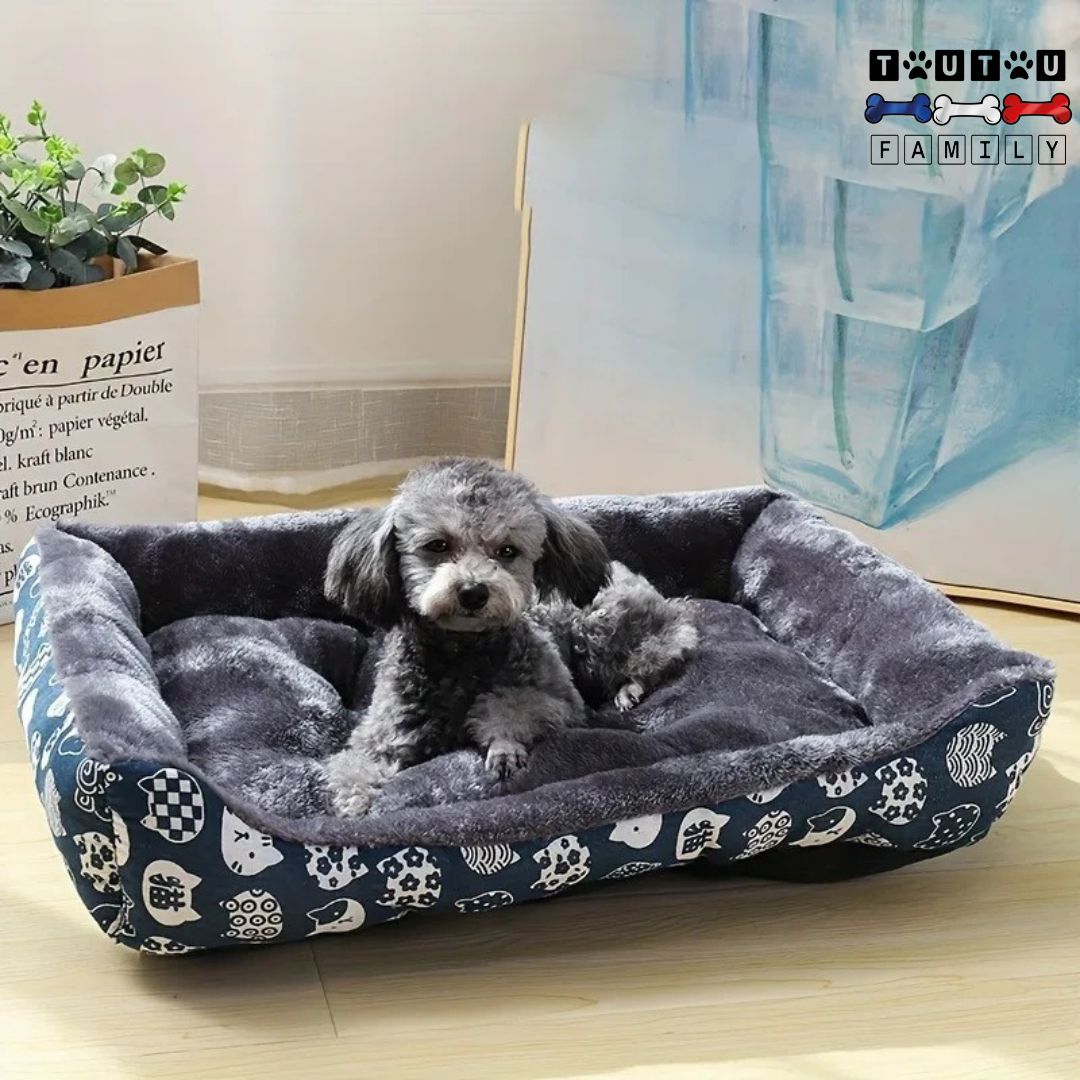 panier-chien-imprime-pour-chiot-chien-de-petite-a-moyenne-taille-un-chiot-couché-confortablement-dans-son-panier-bleu-moelleux-et-épais