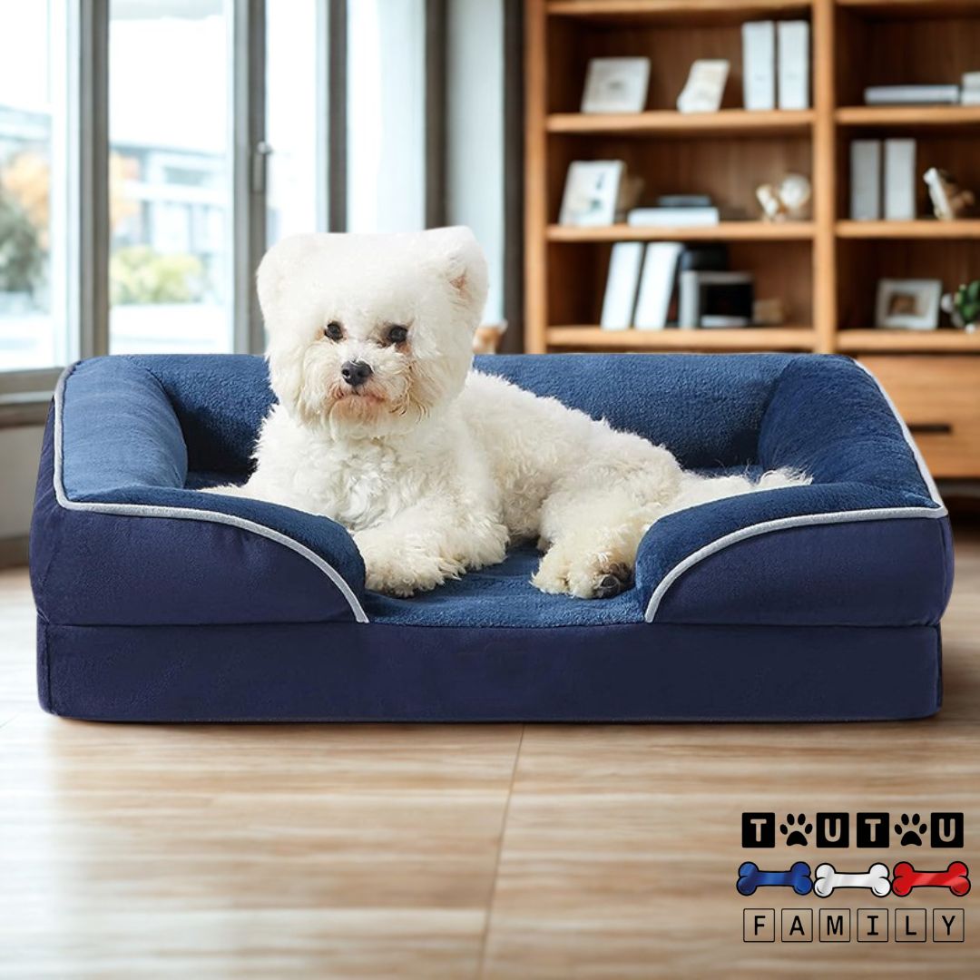 Panier-orthopedique-chien-impermeable-un-chien-couché-sur-le-ventre-dans-le-confort-de-son-panier-avec-matelas-ergonomique-épais-et-confortable-avec-son-entourage-en-boudin-comme-un-canapé-100%-coton-haute densité-de-couleur-bleu