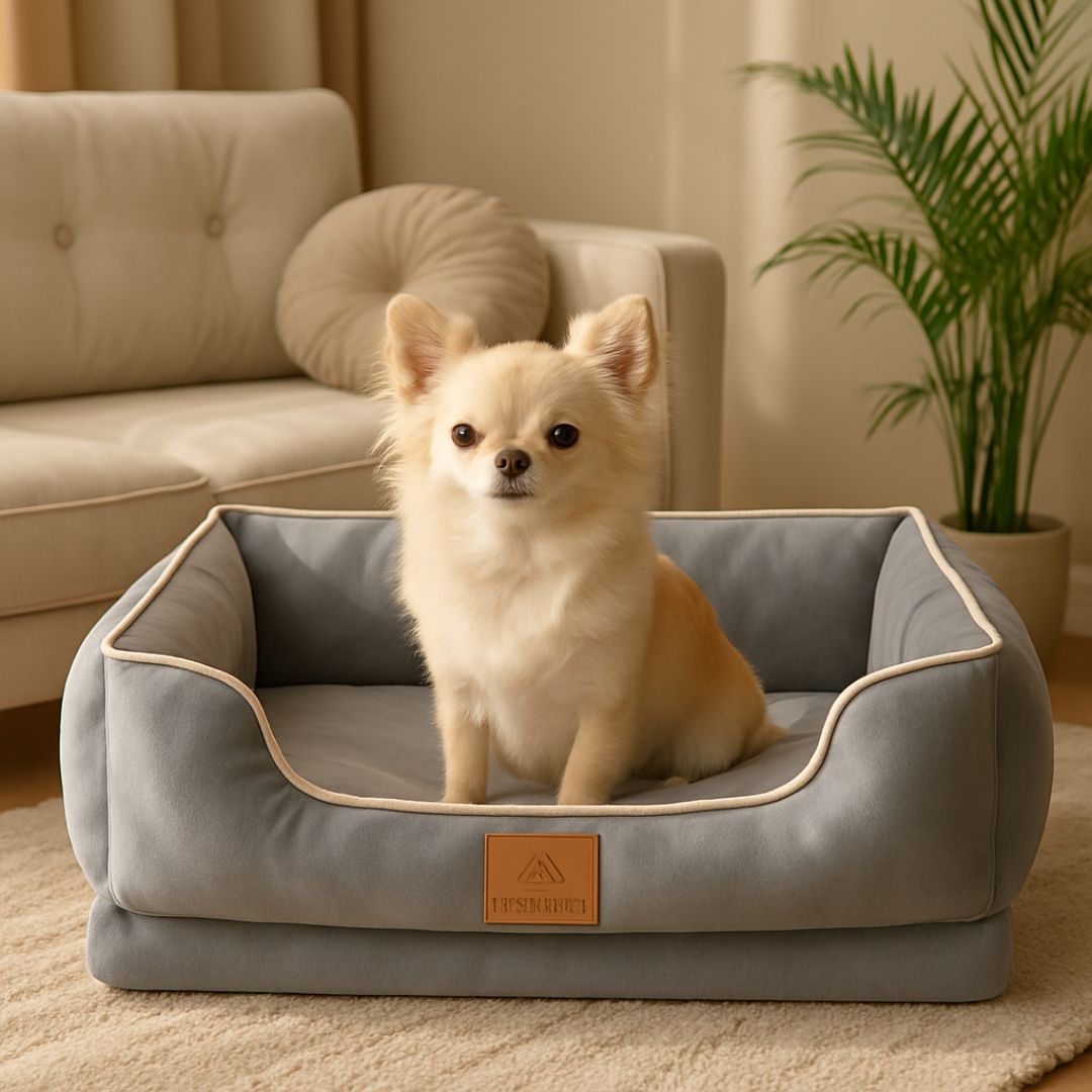 panier-orthopédique-chien-déhoussable-imperméable-un-petit-chien-assis-confortablement-dans-son-panier-ergonomique-avec-rebords-surélevés-rembourrage-100%-coton-de-couleur-bleu-sur-le-tapis-cosy-du-salon