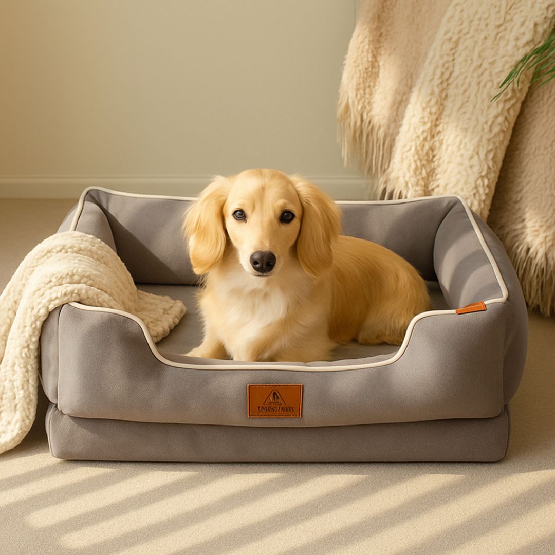 panier-orthopédique-chien-déhoussable-velours-lavable-en-machine-un-teckel-couché-dans-son-panier-rectangulaire-avec-rembourrage-100%-coton-haute-densité-épais-et-moelleux-avec-matelas-ergonomique-3-taille-disponible-du-M-au-XL-pour-petit-à-grand-chien