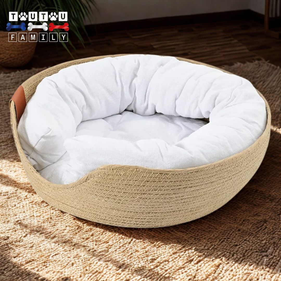 Panier-petit-chien-osier-coussin-et-traversin-design-lavable-100%-coton-et-tissé-à -la-main-100%-naturel-pour-chihuahua-pinsher-nain-chien-de-race-toy