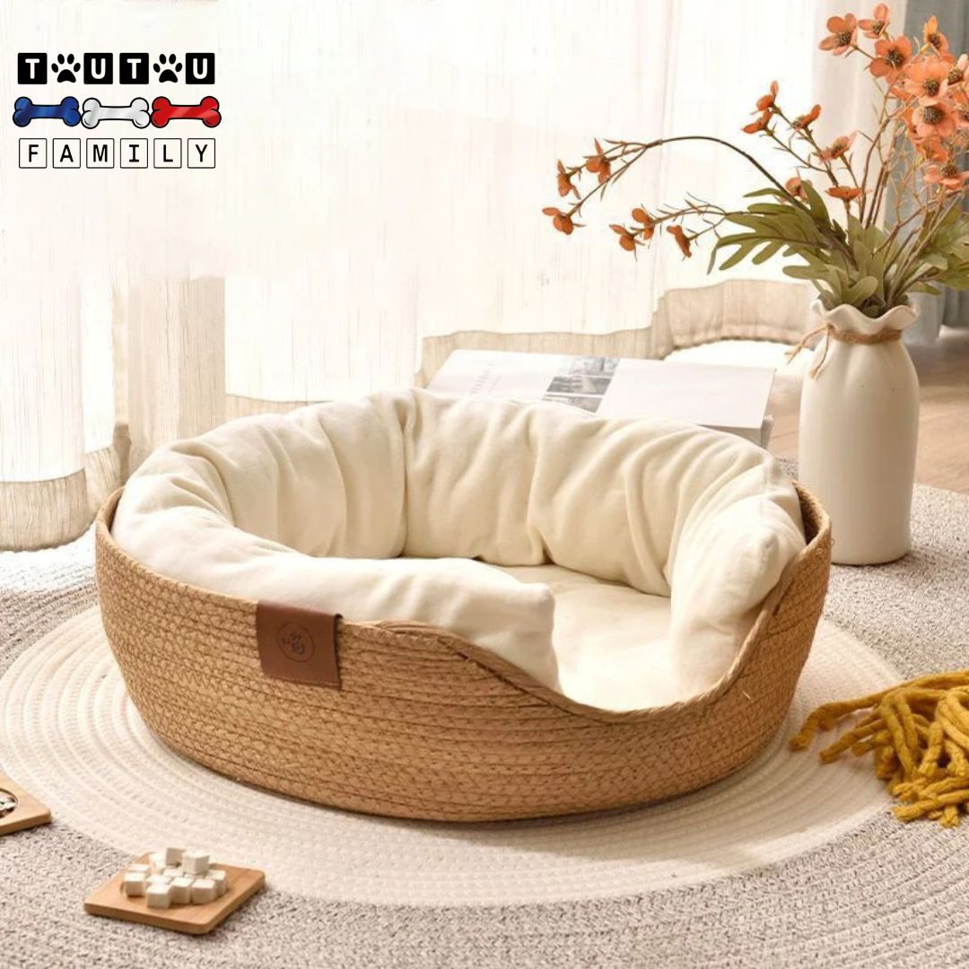 Panier-petit-chien-osier-tisse-main-avec-coussin-et-traversin-rembourré-100%-coton-pour-chien-nain-chihuahua-jusqu-à -3kg
