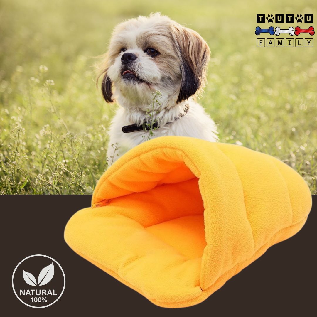 Panier-pour-chien-anti-stress-jaune-un-Shih-tzu-avec-sa-niche-intérieure-chien-de-couleur-jaune