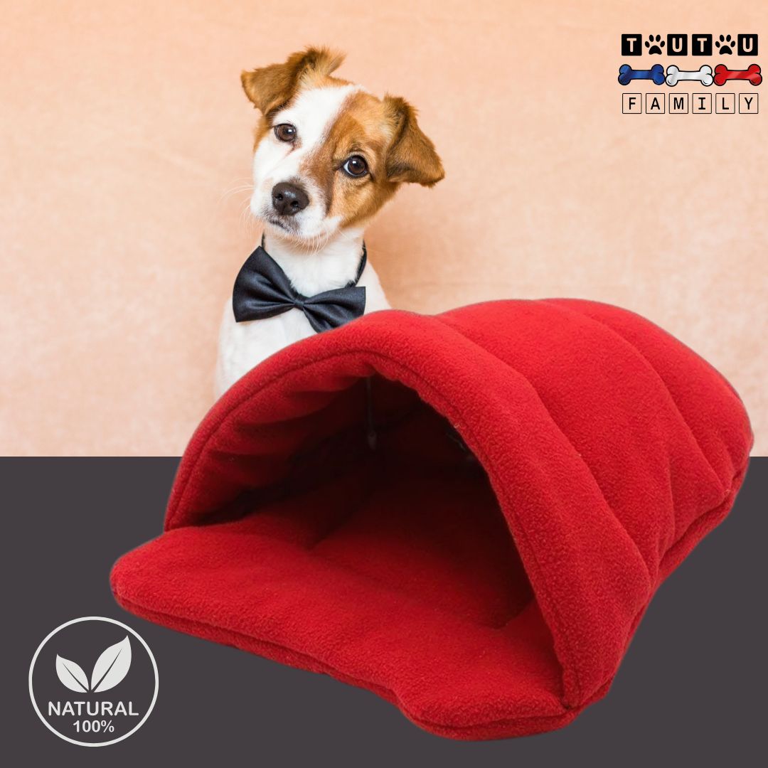 Panier-pour-chien-anti-stress-rouge-un-chiot-de-race-naine-avec-son-panier-entourant-en-forme-de-niche-pour-un-cocon-chaud-et-confortable-aux-matériaux-naturels-et-écologiques
