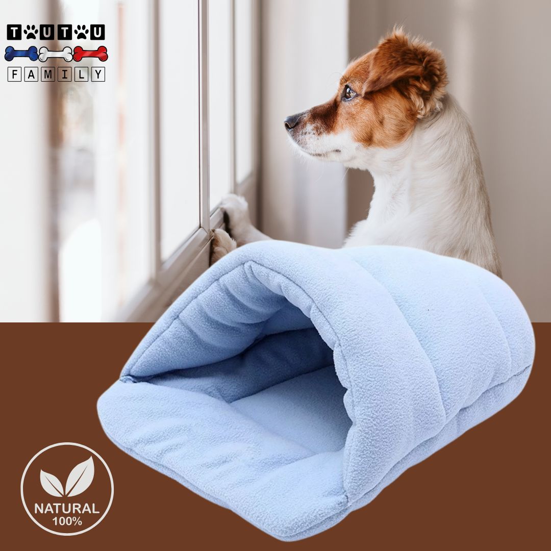 Panier-pour-chien-anti-stress-bleu-un-petit-chien-avec-son-panier-en-forme-de-tante-bleu-anti-anxiété-de-séparation
