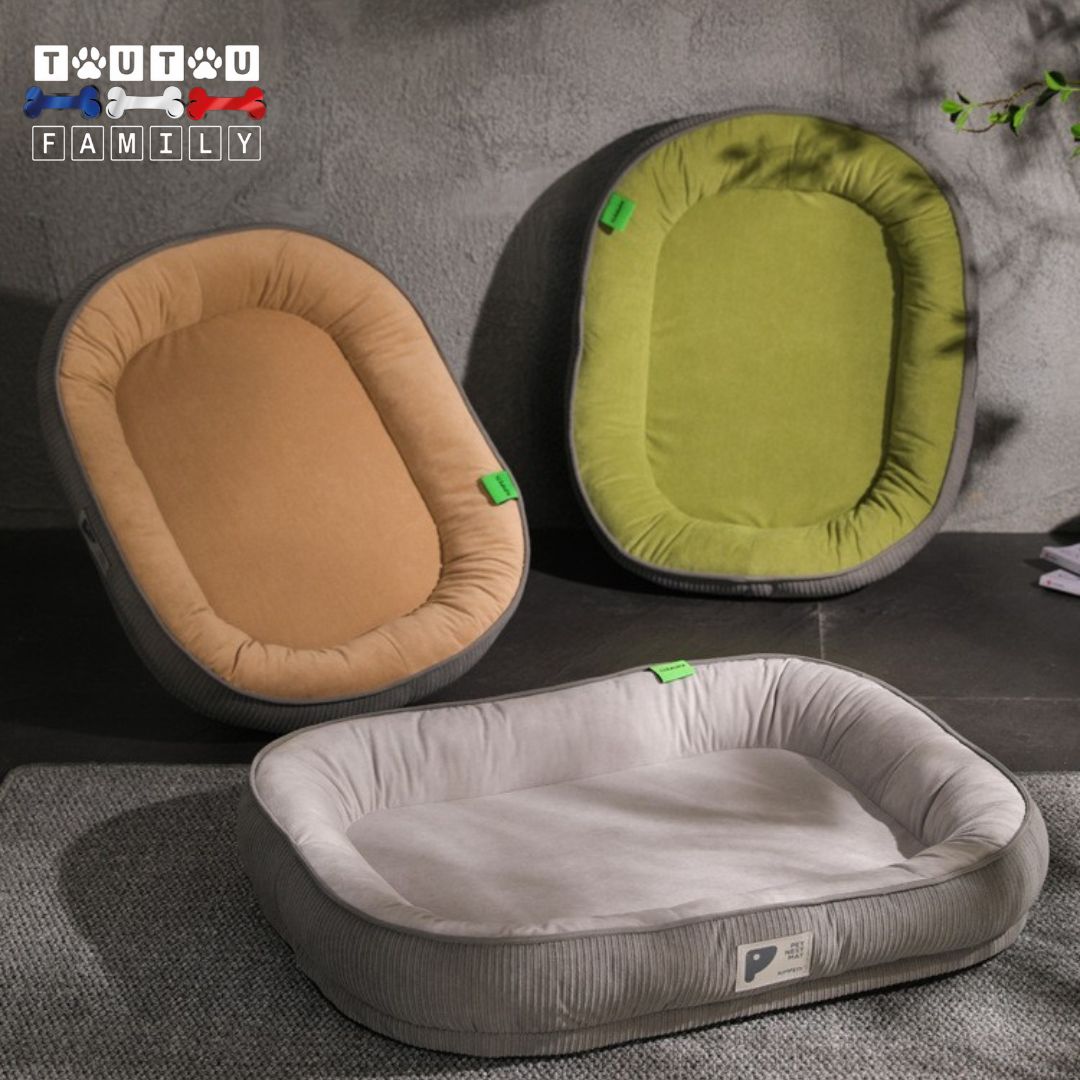 panier-pour-chien-ergonomique-coton et daim panier design en 3 couleur vert gris ou rose