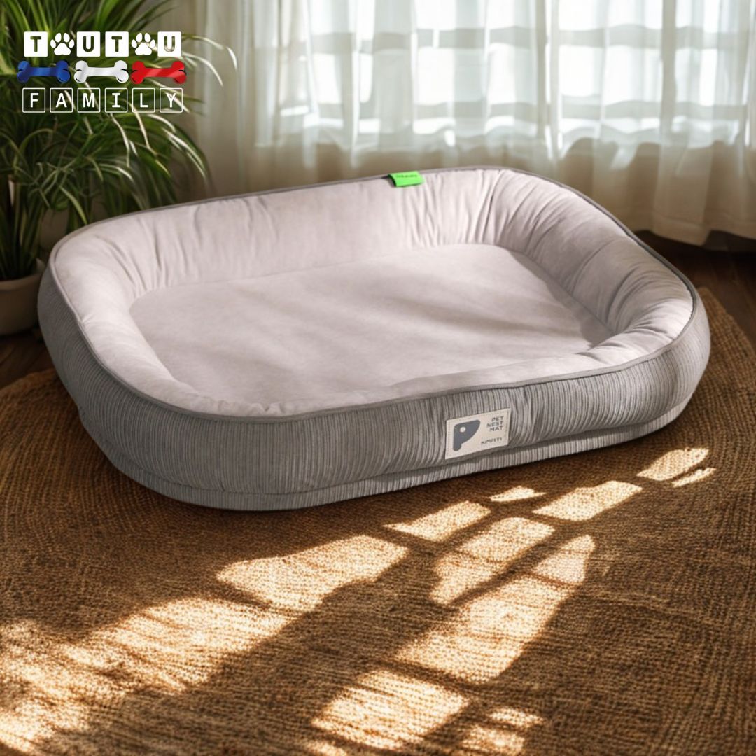 panier-pour-chien-ergonomique-confortable-de couleur gris élégant surface en daim douce et résistance ne s'affaisse pas rembourrage 100% coton haute densité pour un maintien postural optimal s'adapte à la morphologie unique du chien imperméable et antidérapant