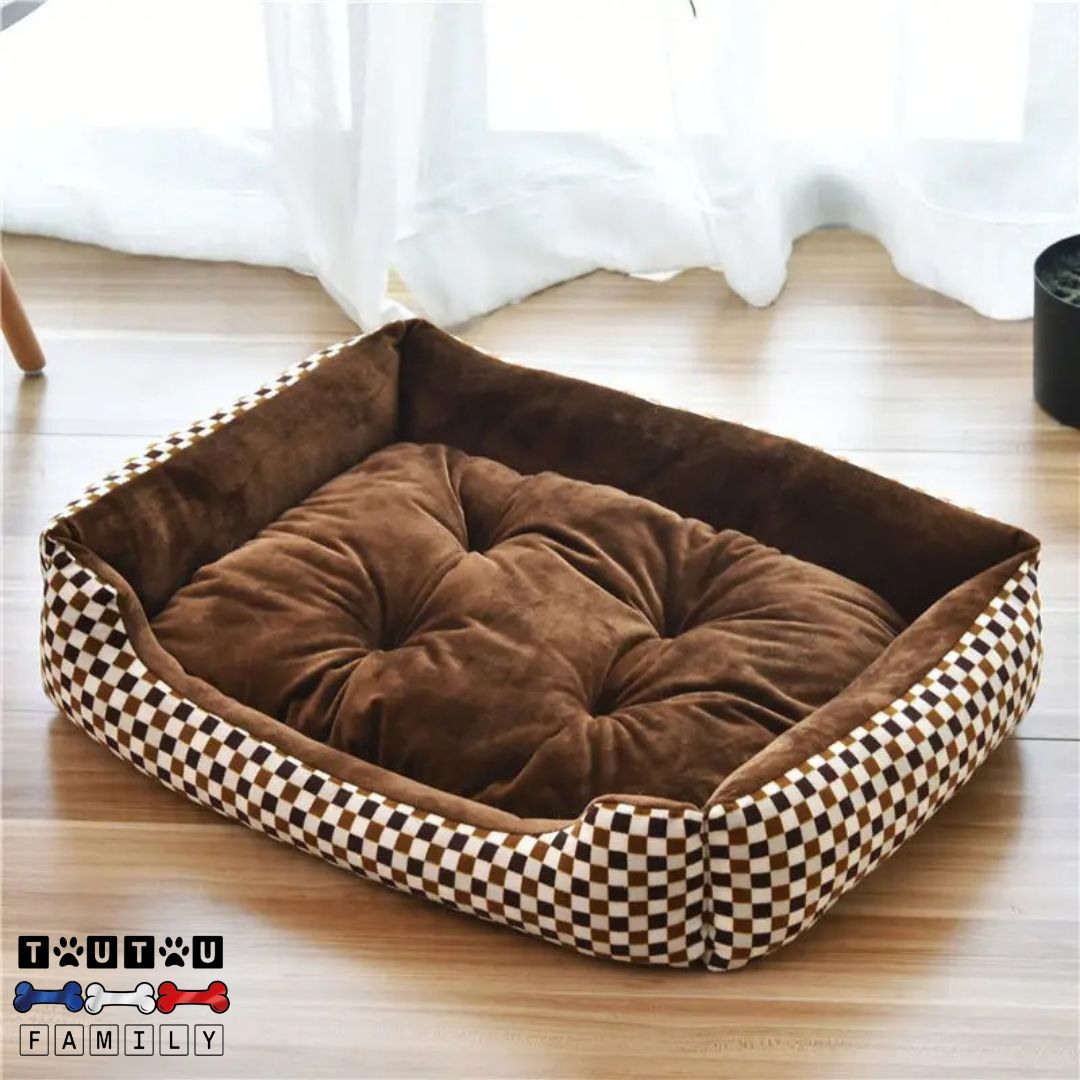 Panier-pour-chien-respirant-avec-un-tissu-imprimé-à -carreaux-marron