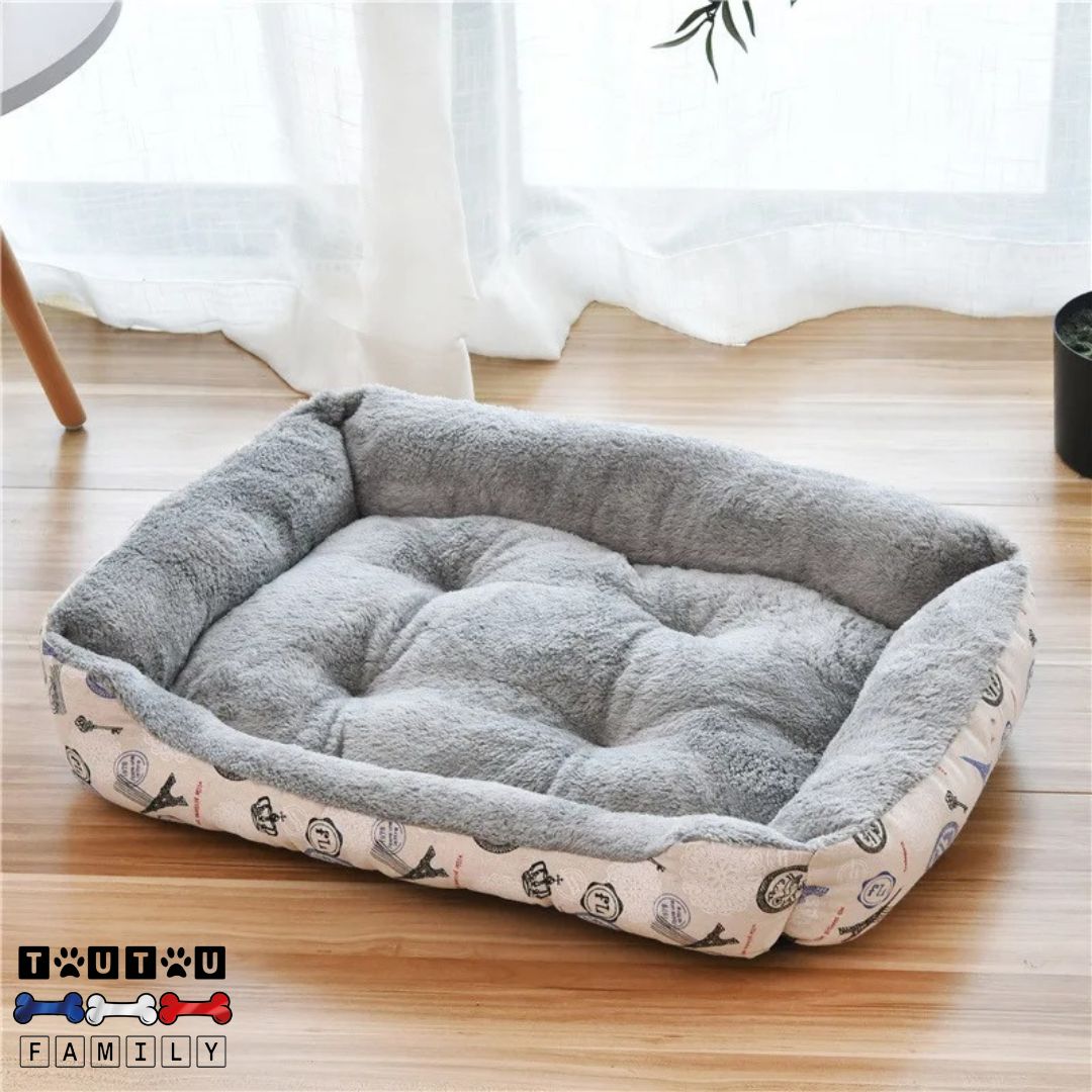 Panier-pour-chien-gris-avec-tissu-imprimé-en-coton-à -l-extérieur