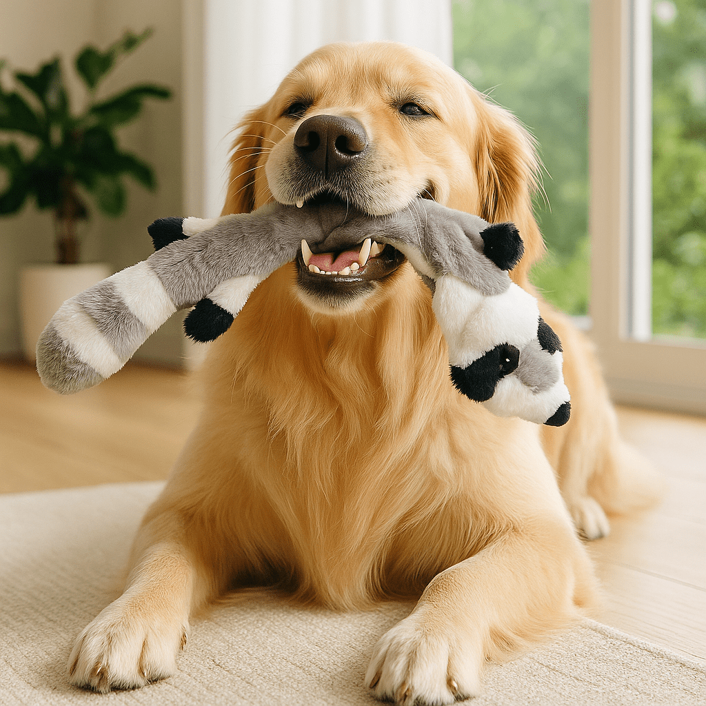 peluche-pour-chien-indestructible-sans-rembourrage-avec corde intérieur et sonore-sans danger-lavable en machine-pour tous les chiens de toutes tailles-un golden retriever qui tient avec joie sa peluche raton laveur sonore dans sa mâchoire