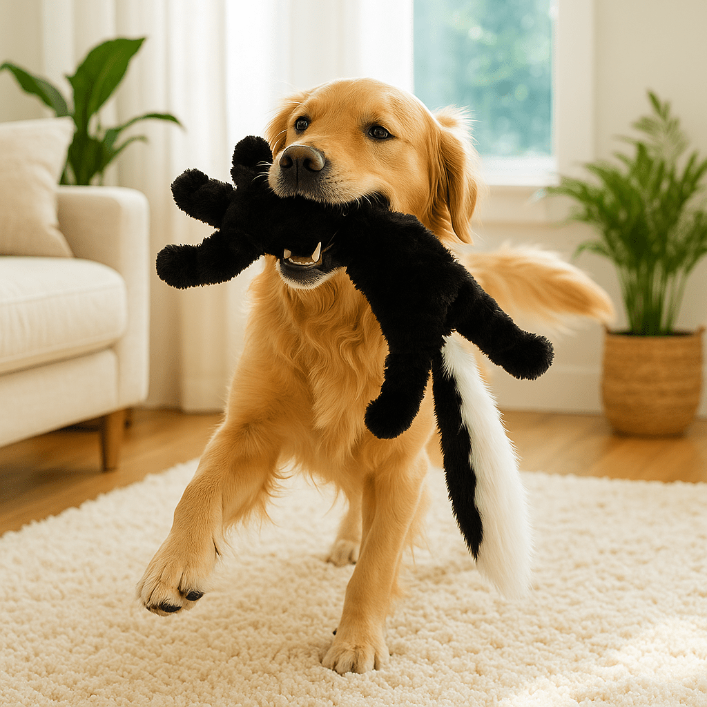 peluche-pour-chien-indestructible-sans-rembourrage-avec corde intérieur et sonore-sans danger-lavable en machine-pour tous les chiens de toutes tailles-un grand chien heureux qui joue avec sa peluche moufette sonore dans sa mâchoire dans le salon de la maison