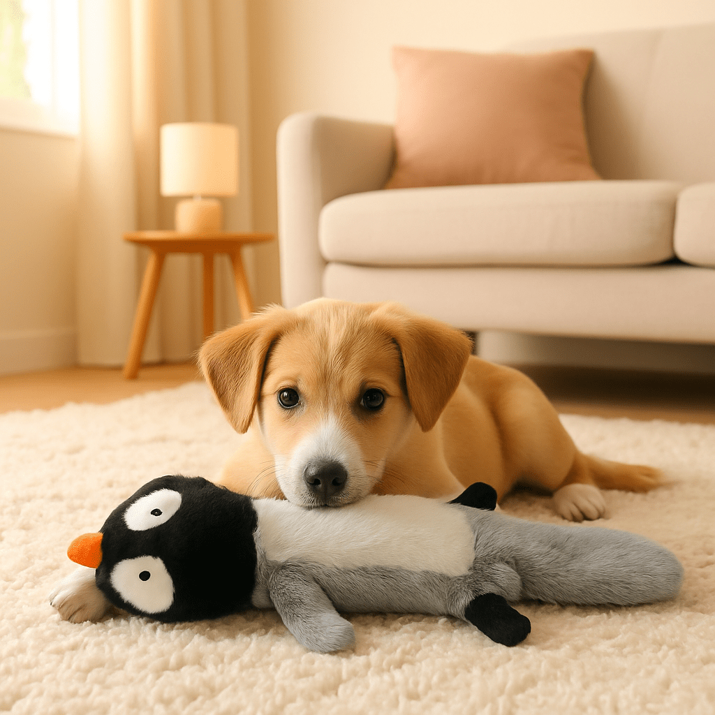 peluche-pour-chien-indestructible-sans-rembourrage-avec corde intérieur et sonore-sans danger-lavable en machine-pour tous les chiens de toutes tailles-un chiot se détend avec sa peluche pingouin sonore dans sa mâchoire dans le salon de l'appartement