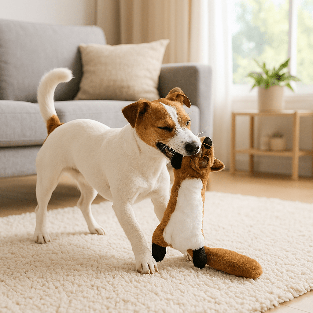 peluche-pour-chien-indestructible-sans-rembourrage-avec corde intérieur et sonore-sans danger-lavable en machine-pour tous les chiens de toutes tailles-un Jack Russel heureux qui joue à mordre avec plaisir sa peluche renard sonore dans sa mâchoire dans le salon de l'appartement