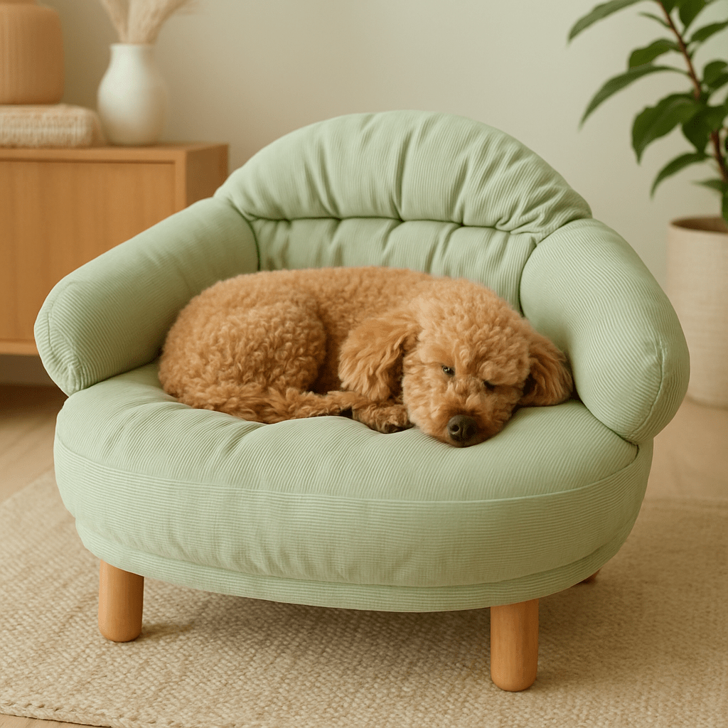 petit-canapé-pour-chien-design arrondi et ligne épuré- un caniche nain qui dort confortablement en boule sur le canapé au matelas, dossier et accoudoir 100% coton haute densité et ergonomique-lit-anti-anxiété pour chiot chien de petite taille et race toy