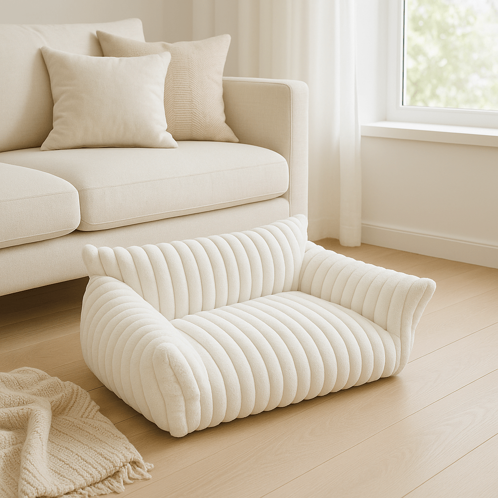 Sofa-chien-blanc-coton-un canapé blanc doux et résistant déhoussable et lavable en machine pour chien de petite taille antidérapant au rembourrage 100% coton haute densité