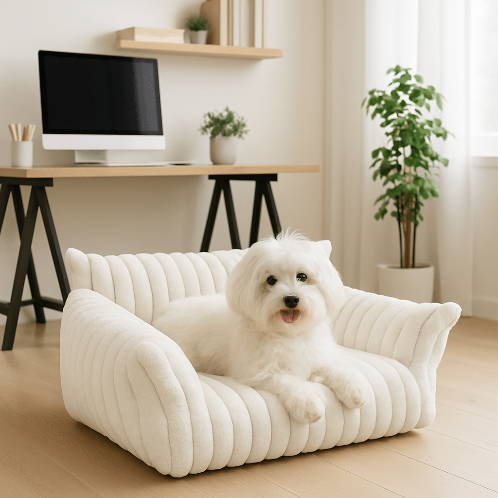 sofa-chien-blanc-un Westie confortablement couchĂ© sur le canapĂ© douillet et chaud dĂ©houssable et lavable en machine avec fond antidĂ©rapant-revĂȘtement en velours doux et rĂ©sistant avec rembourrage 100% coton PP-dans le salon de la maison