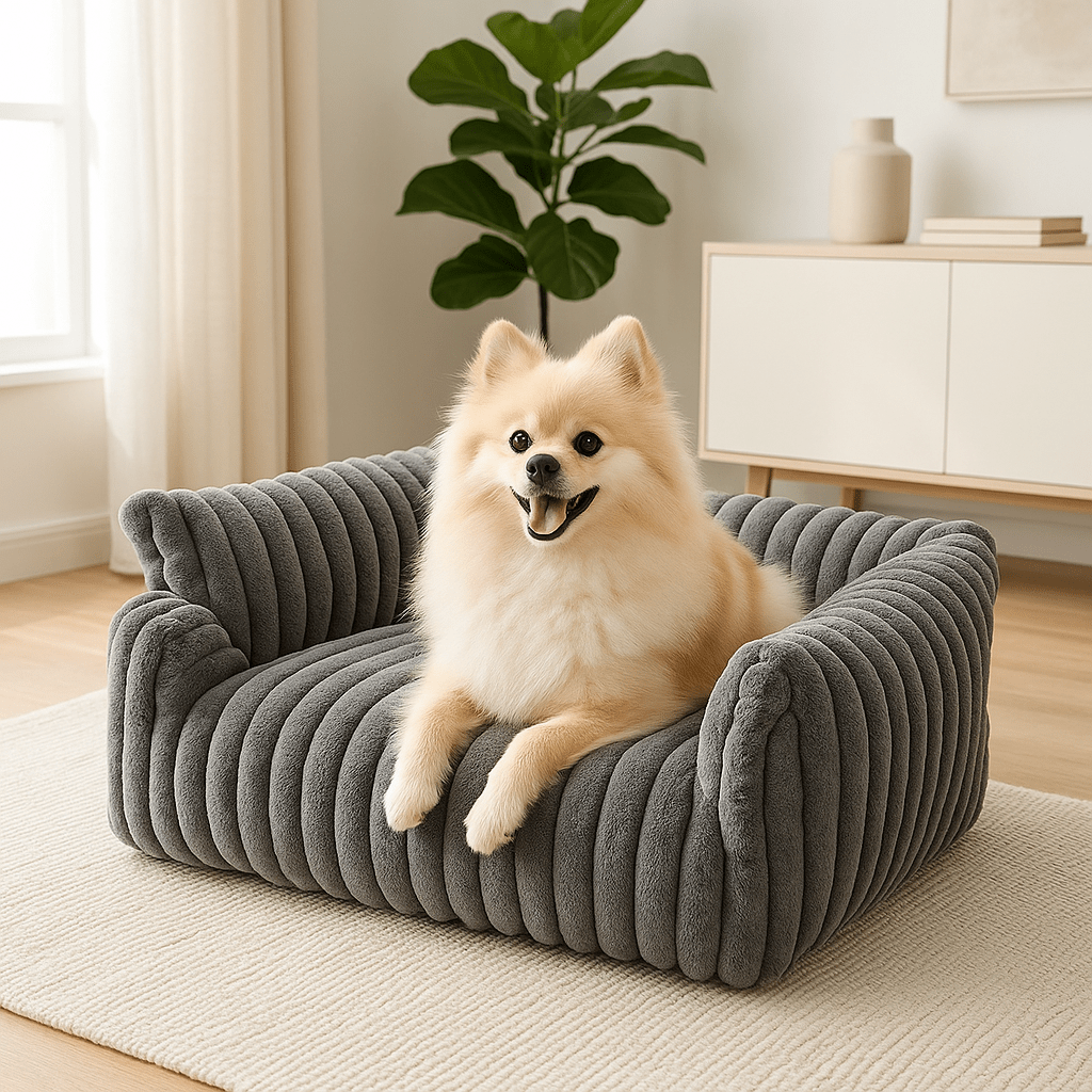 Sofa-chien-chaud-gris-un petit chien tout heureux sur son divan gris doux comme du velours et résistant, épais en coton haute densité pour chien de petite taille dans le salon de l'appartement