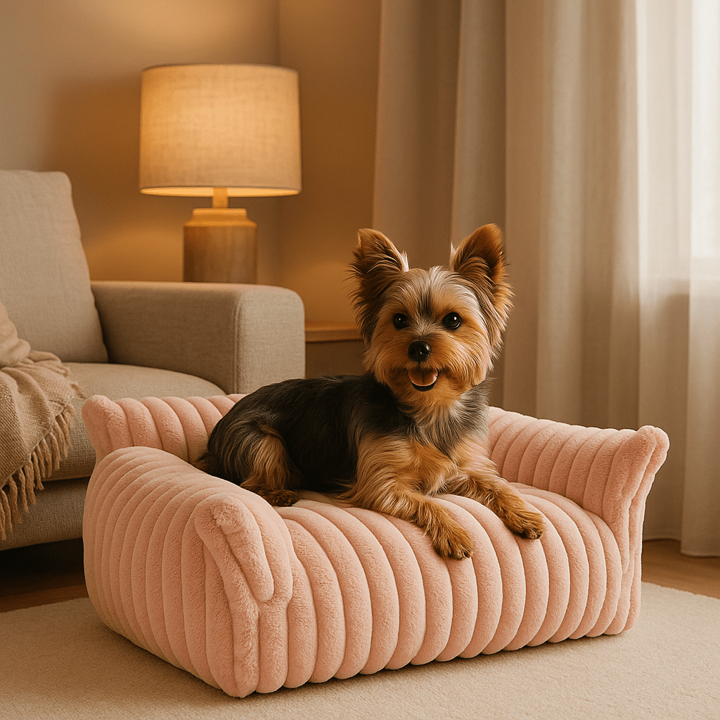 Sofa-chien-coton-haute-densité-un yorkshire assis sur le canapé doux et résistant de couleur rose pour petit chien et chiot antidérapant déhoussable et lavable en machine dans le salon cosy de l'appartement