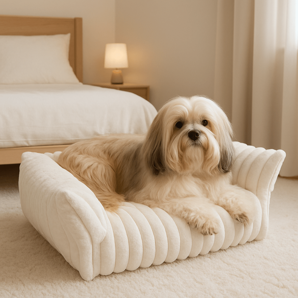 Sofa-chien-de-petite-taille-un petit chien couché confortablement sur le canapé blanc au toucher velours et résistant au rembourrage 100% coton haute densité ergonomique avec dossier et accoudoir entourant et sécurisant dans la chambre de la maison
