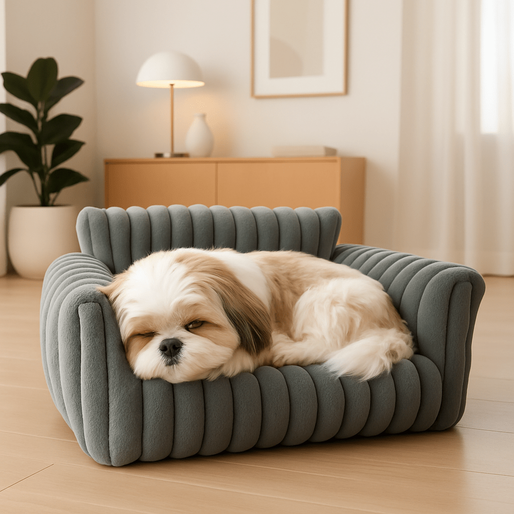 Sofa-chien-gris-un petit chien qui dort confortablement niché contre le dossier et les deux accoudoirs épais au rembourrage ergonomique 100% coton PP déhoussable et lavable en machine dans le salon moderne de la maison