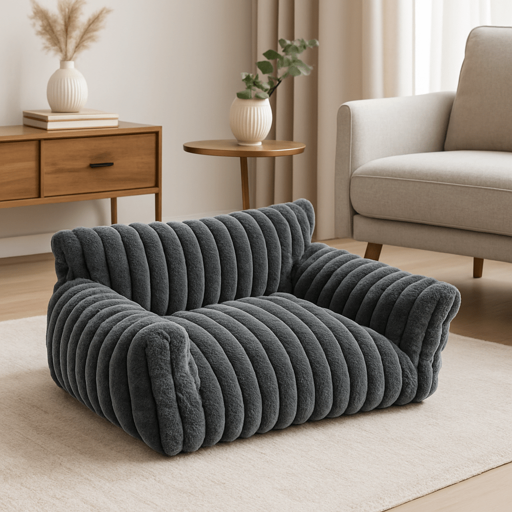 Sofa-chien-mini-canapé gris pour petit chien déhoussable et lavable en machine-rembourrage 00% coton haute densité ergonomique avec dossier et accoudoirs-un fauteuil entourant pour petit chien