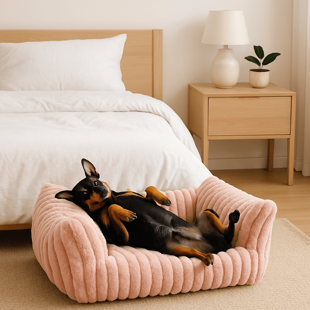 Sofa-petit-chien-canapé lit déhoussable et lavable en machine-un chien nain couché les pattes en l'air que son canapé rose en peluche douce, chaude et résistante rose et antidérapant dans la chambre de l'appartement