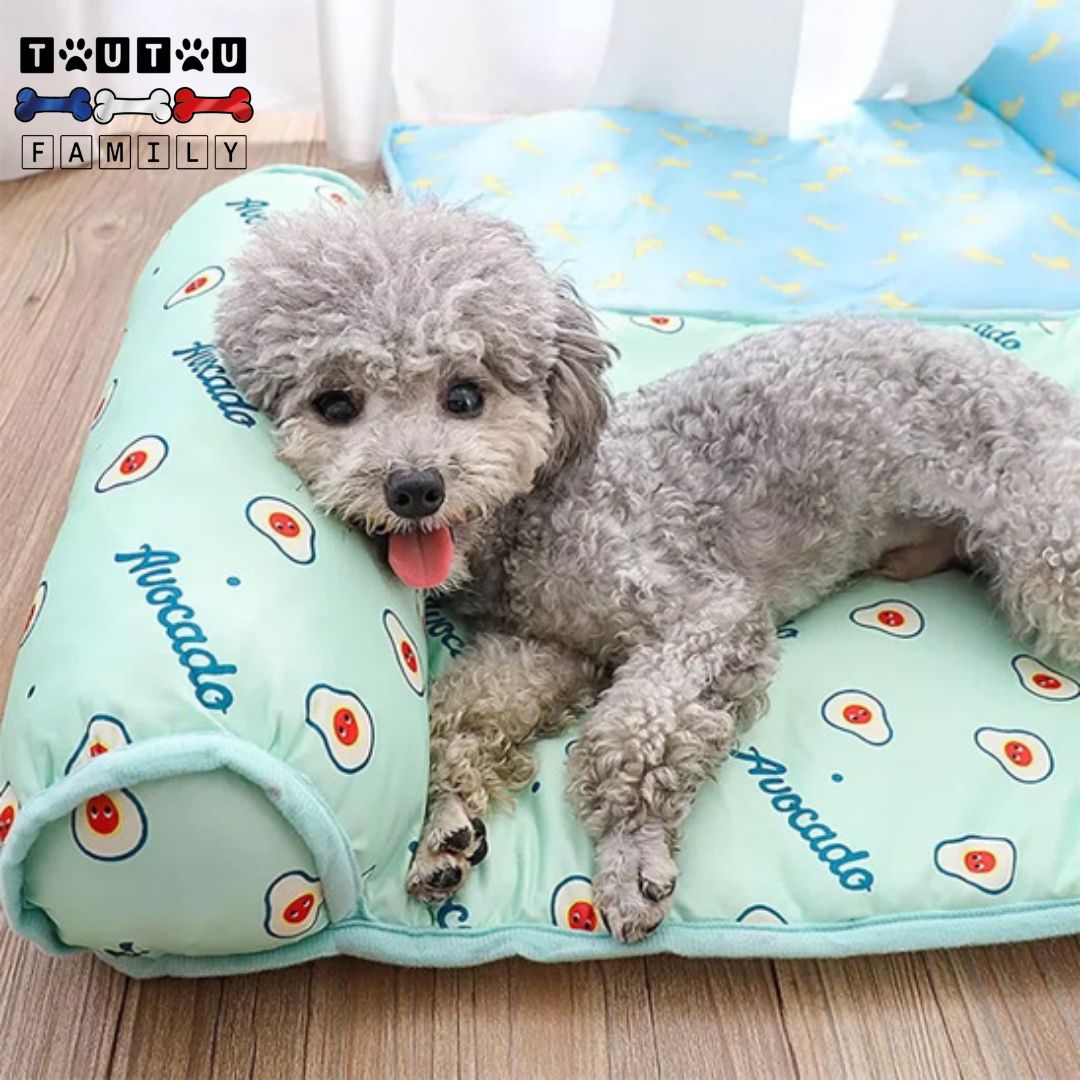 Tapis-pour-chien-rafraichissant-avec-traversin-lavable-en-machine-un-chiot-qui-repose-sa-tète-sur-le-traversin-intégré-dans-le-tapis-rafraichissant-idéal-pour-les-chiens-au-pelage-dru-pils-long-frisés-épais