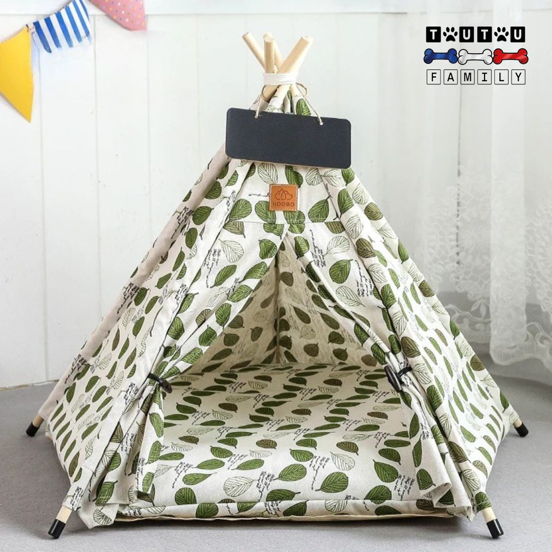 tipi-pour-chien-tente-avec-coussin-coton-design-nature-avec-feuille-verte-et-blanc-avec-son-coussin-amovible-pliable-transportable-structure-en-bois-tissu-100%-coton-lavable-en-machine